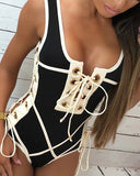 Women'S Solid Color Striped Lace One-Piece Swimsuit