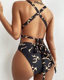 Open Back One-Piece Printed Flame Pattern Bikini Swimsuit