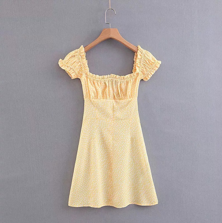Fashion Women'S Printed Short-Sleeved Yellow Dress