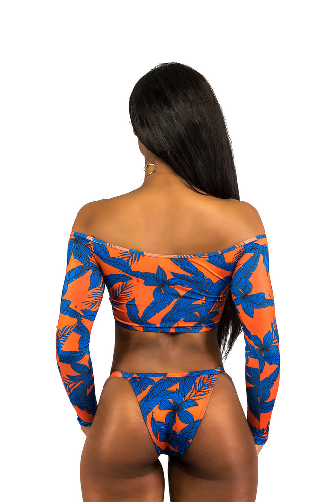 Flower Print Fashion Long Sleeve Off Shoulder Crop Tops Triangle Bikini Set Swimsuit Swimwear
