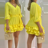 Yellow V-Neck Solid Color Long-Sleeved Dress