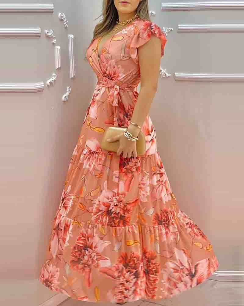 Pink Printed V-Neck Chiffon Dress