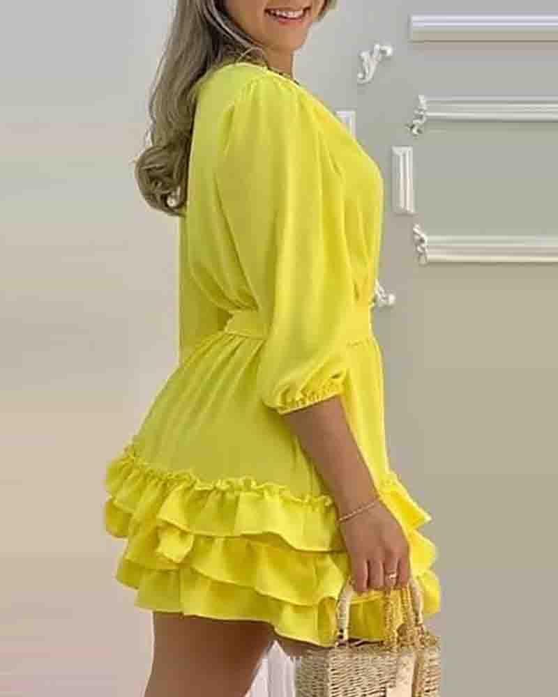 Yellow V-Neck Solid Color Long-Sleeved Dress