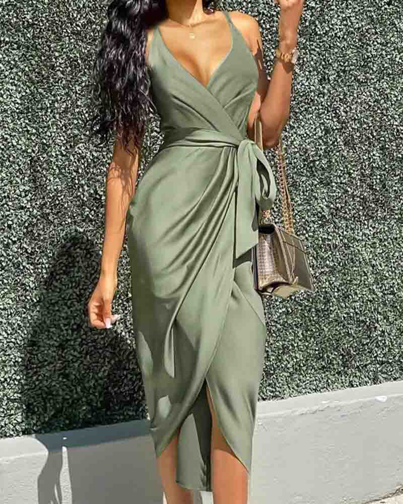 Sling Solid Color V-Neck Crossover Sleeveless Dress