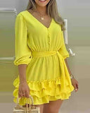 Yellow V-Neck Solid Color Long-Sleeved Dress