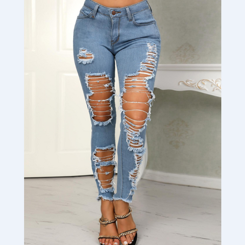 Blue Printed Letters Ripped Jeans