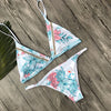 Fashion White Beach Bikini Blue Flower Print Hollow Two Piece Bikini Swimsuit