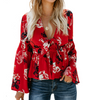 Women's Print Long Sleeve Loose Chiffon V-Neck Shirt