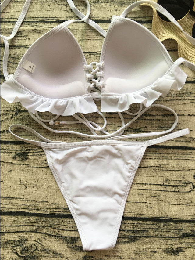 Frilled Molded Cup Thong Bikini Set