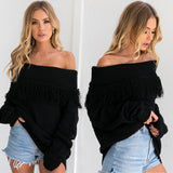 Autumn and winter fashion one word shoulder color pure tassel loose sweater long sleeves women