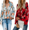 Women's Print Long Sleeve Loose Chiffon V-Neck Shirt