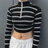 Women Multicolor Stripe Bodycon Turtleneck Zip Long Sleeve Crop Tops T-shirt
