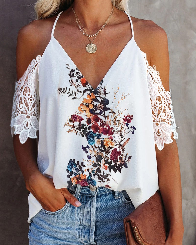 Women Lace V-Neck Open Back Short Sleeve Printed Shirt Top