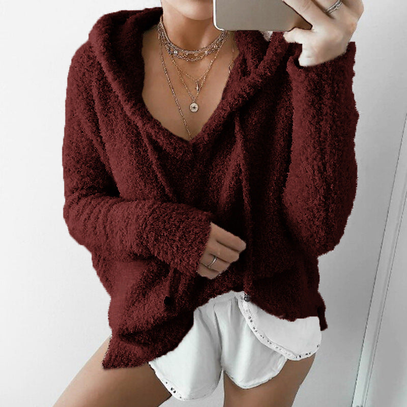 Women'S V-Neck Hooded Long-Sleeved Sweater