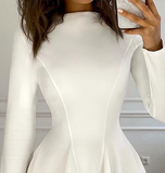 Temperament White Solid Color Women's Long Sleeve Dress