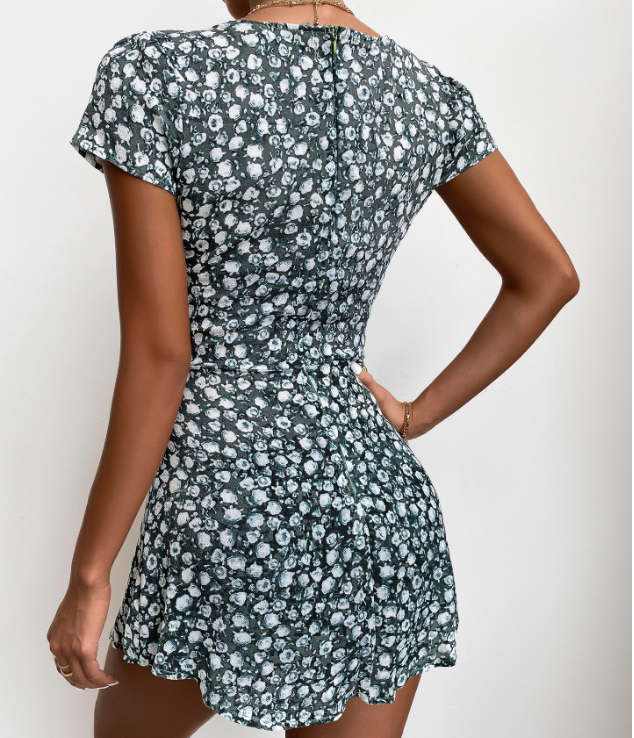Short Sleeve Women's V-Neck Printed Dress