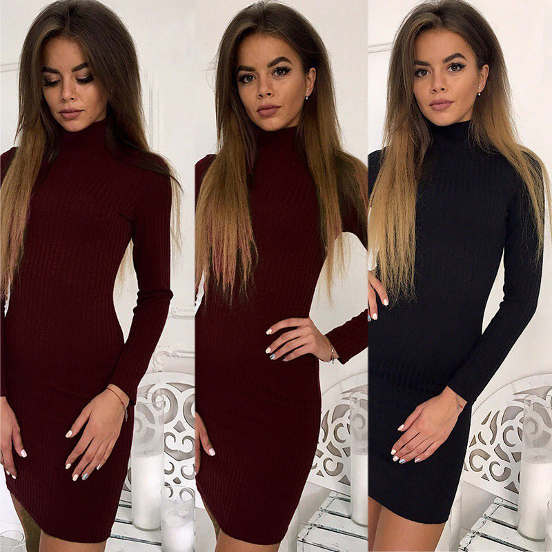 Solid Color Slim High-Necked Long-Sleeved Dress