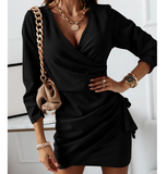 Temperament And Casual Solid Color V-Neck Long-Sleeved Fashion Dress