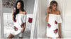 Sexy Fashion Shoulder One Word Floral Embroidery Rose Dress White