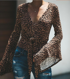 Casual Long Sleeve Leopard V-Neck T-Shirt