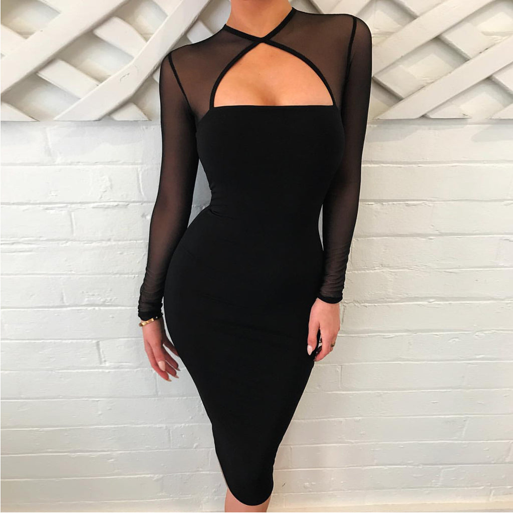 Sexy Black Long Sleeve Hip Dress
