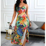 V-Neck Women's Printed Sling Strap High Waist Dress