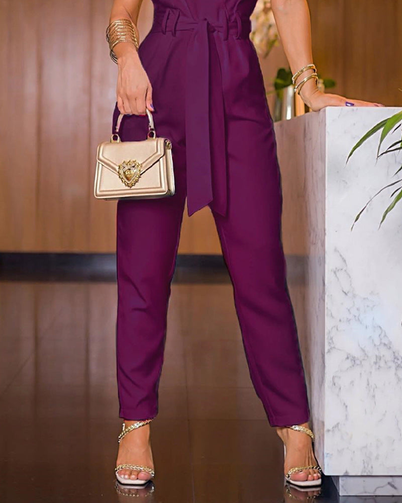 Solid Color Fashion Sexy V-Neck Sleeveless Jumpsuit