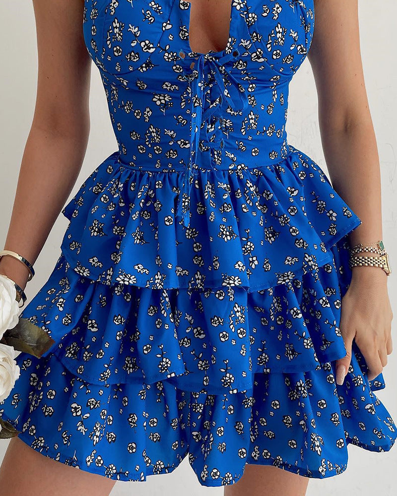 Casual Sling Blue Floral Sleeveless Dress
