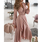 V-Neck Sexy Pink Ruffled Long Sleeve Dress