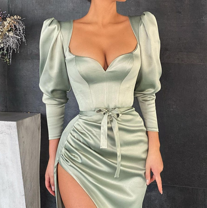 Sexy Women's High Waist Long Sleeve Split Dress