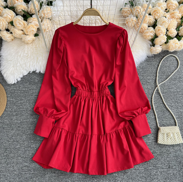 Solid Color Puff Sleeve Temperament Ruffle Dress