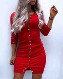 Red Solid Color Women'S Long-Sleeved Dress