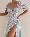 Fashion Sexy Short Sleeve Printed Slit Dress