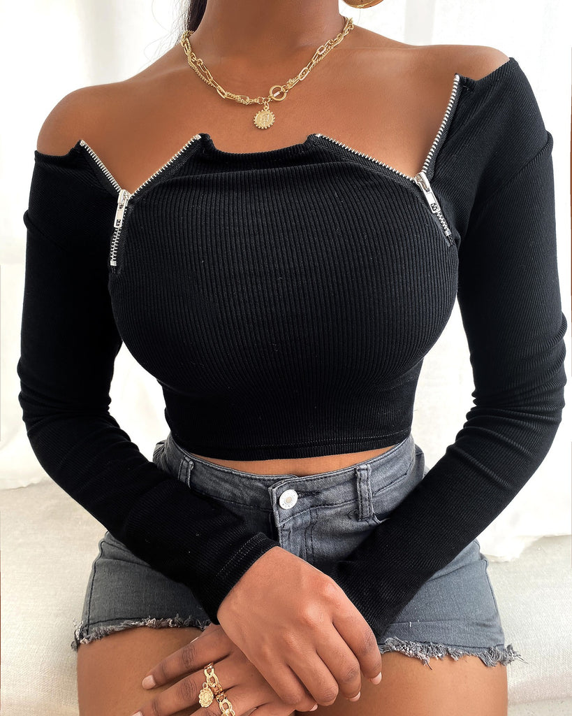 Fashion Zipper Design Slim Knit T-Shirt Tops