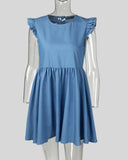 Solid Color Round Neck Flounced Dress