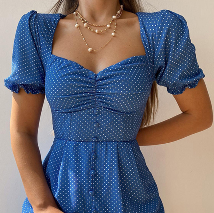 Elegant Blue Short Sleeve Button Print Dress