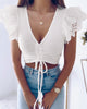 White V-Neck Ruffled Lace Top