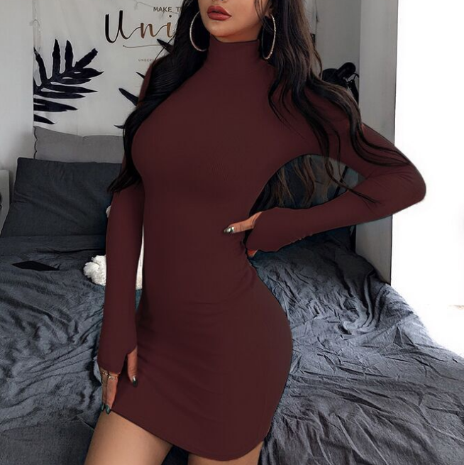 Slim Sexy High-Necked Long-Sleeved Package Hip Dress