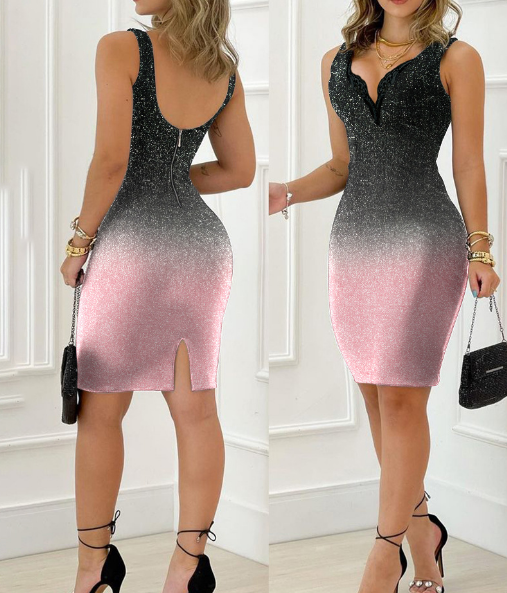 Printed V-Neck Lace Splicing Skinny Sleeveless Dress
