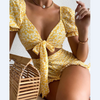 Print Tie Front Ruffles Trim Top & Shorts Set