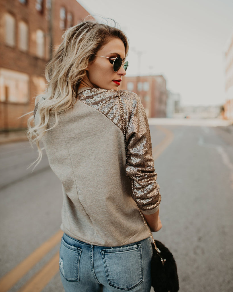 Fashion Round Neck Sequined Long-Sleeved T-Shirt