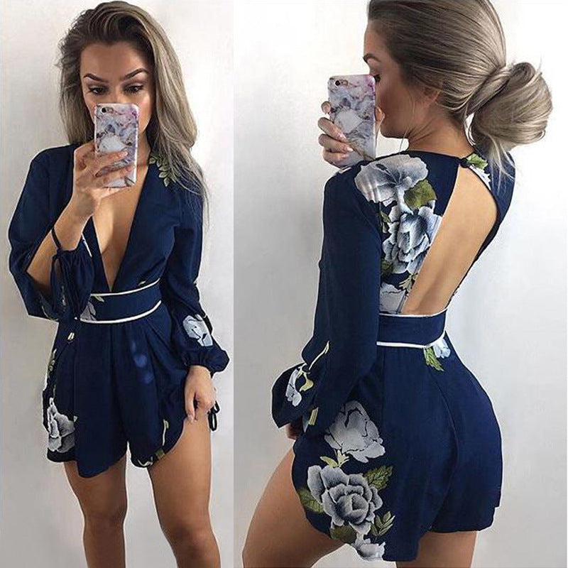 Fashion Sexy V-Neck Printing Backless Jumpsuit