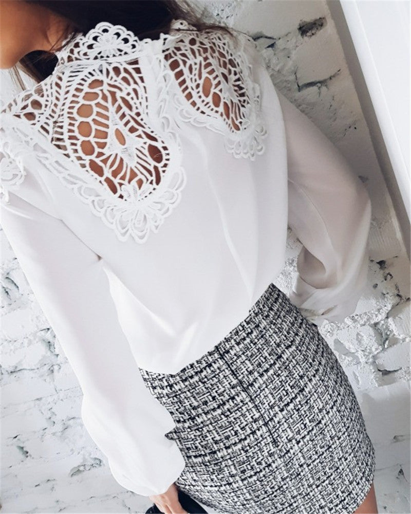 Long Sleeved Sexy Lace Splice Chiffon Top
