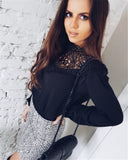 Long Sleeved Sexy Lace Splice Chiffon Top
