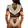 Personality Retro Ethnic Multicolor Totem Print Middle Sleeve Hollow Bandage Triangle Bikini Set Swimsuit Swimwear