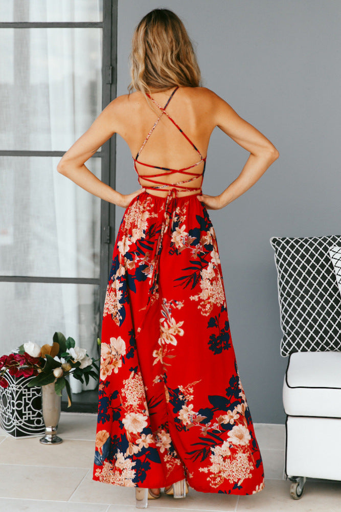 Up V-Neck Floral Print Lace Maxi Dresses