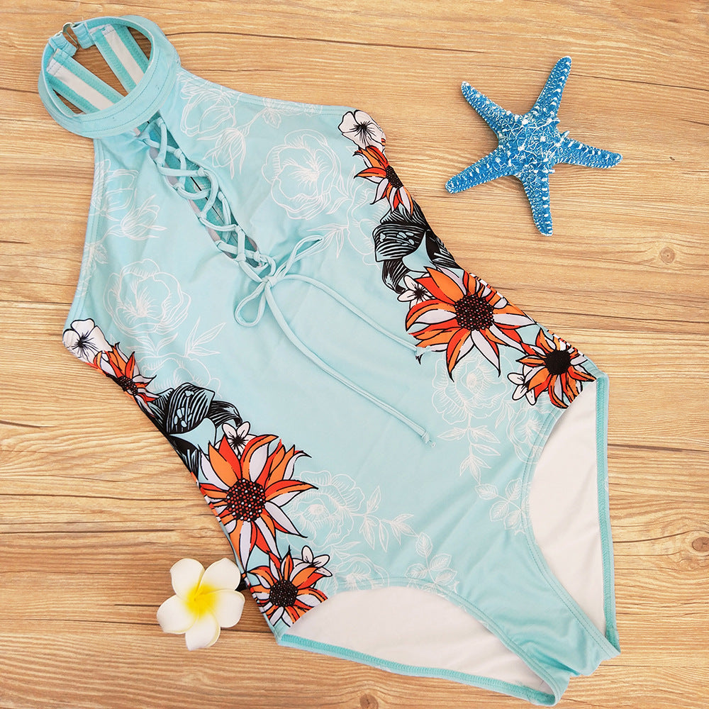 Floral Hollow One Piece Swimsuit Swimwear Lace Up High Neck Bathing Suit Monokini Push Up Padded Beachwear halter