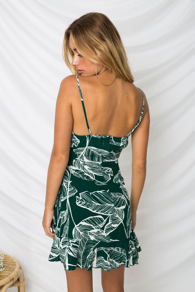 Design Irregular Sleeveless Printing Leaves Dress