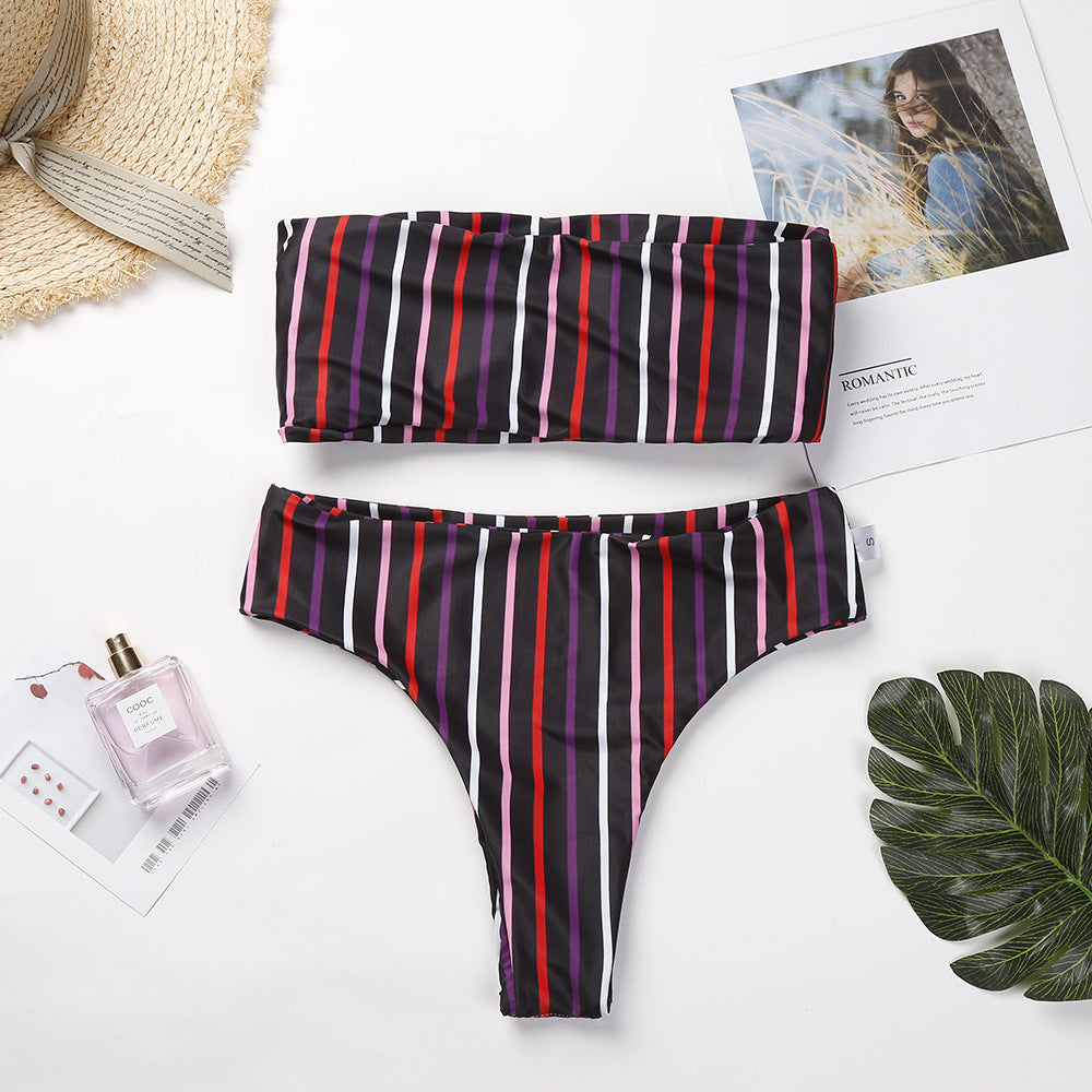 Sexy Women Multicolor Vertical Stripes Strapless High Waist Two Piece Bikini Swimsuit Bathing