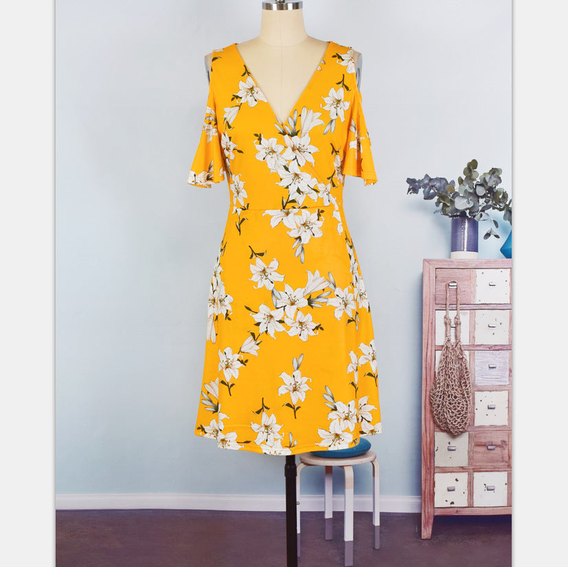Slim Printing Off-The-Shoulder Ruffled Dress